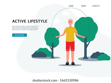 Plantilla de banner web con un personaje de caricatura que lidera un estilo de vida saludable y hace entrenamiento cardiovascular con cuerda de salto, ilustración vectorial plana sobre fondo blanco.