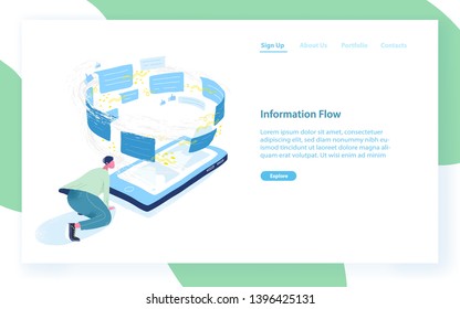 Web banner template with man, giant smartphone and vortex of messages. Information flow, internet communication, data transfer. Modern flat vector illustration for mobile application advertisement.