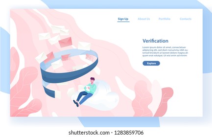 Web Banner Template With Man Sitting On Cloud And Reading Incoming Letters. Email Filtering, Anti-spam Software, Inbox Message Verification. Vector Illustration For Internet Service Advertisement.