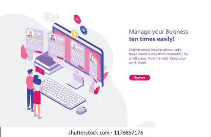 Web banner template with man and woman standing in front of computer display and looking through CVs of job candidates. Concept of HR, personnel hiring and recruitment. Isometric vector illustration.