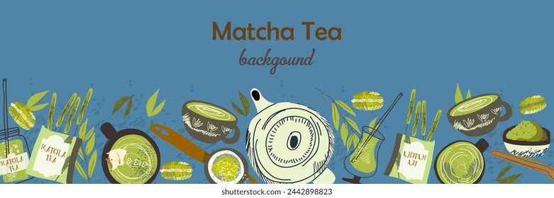 Web banner template with matcha food and drinks border. Backdrop with green organic Japanese powder, natural leaves, tea, coffee, ice-cream, macaroons. Flat vector hand drawn illustration.