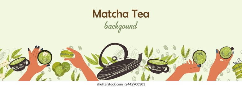 Plantilla de banner web con marco de comida y bebida. Fondo con las manos sosteniendo tazas con café, té matcha, tetera, hojas. Ilustración vectorial dibujada a mano plana.