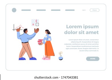 Web banner template, mobile interface design. Freelancer Works from home or office as a team. Designer, programmer, writer. Stylized cartoon characters for web design.