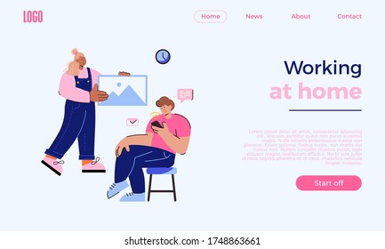Web banner template, mobile interface design. Freelancer is sitting at the computer. Works from home. Work in the office. Designer, programmer, writer. Stylized cartoon characters.
