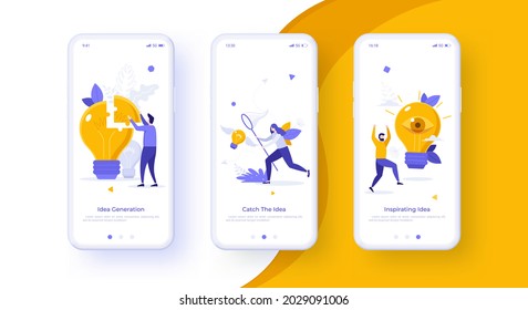 Web banner template for mobile phone applications with people catching lightbulbs, assembling jigsaw puzzle. Concept of inspirational idea, business vision or insight. Modern flat vector illustration.