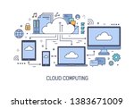 Web banner template with networked electronic devices. Cloud computing technology, information or files storage, data processing service. Colorful vector illustration in modern line art style.