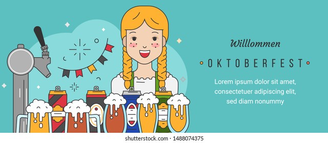 Web banner template for oktoberfest celebration with linear trendy modern flat vector illustrations. Cute german girl waitress with beer mugs and snacks in pub or bar in traditional folk clothes. 