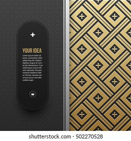 Web banner template on golden metallic background with seamless geometric pattern. Elegant luxury style.