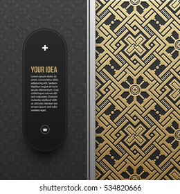 Web banner template on golden metallic background with seamless geometric pattern. Elegant luxury style.
