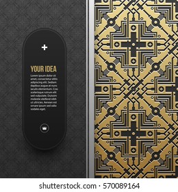 Web banner template on golden metallic background with seamless geometric pattern. Elegant luxury style.