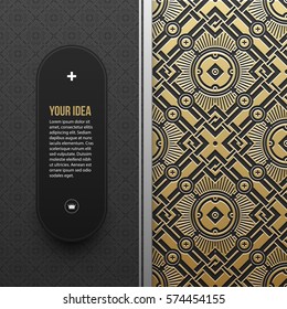 Web banner template on golden metallic background with seamless geometric pattern. Elegant luxury style.