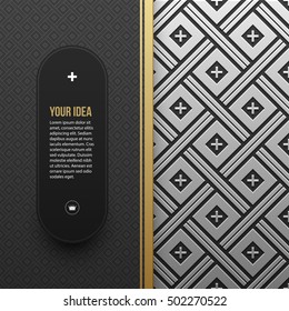 Web banner template on silver/platinum metallic background with seamless geometric pattern. Elegant luxury style.