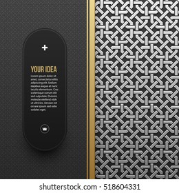 Web banner template on silver/platinum metallic background with seamless geometric pattern. Elegant luxury style.
