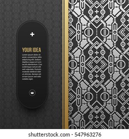 Web banner template on silver/platinum metallic background with seamless geometric pattern. Elegant luxury style.