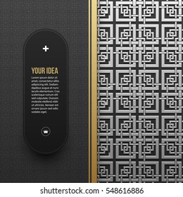 Web banner template on silver/platinum metallic background with seamless geometric pattern. Elegant luxury style.