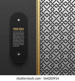 Web banner template on silver/platinum metallic background with seamless geometric pattern. Elegant luxury style.