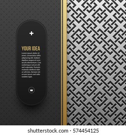 Web banner template on silver/platinum metallic background with seamless geometric pattern. Elegant luxury style.