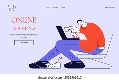 Web banner template with online shopping process. Scene of young man buying goods in internet store with laptop. Flat Art Vector Illustration