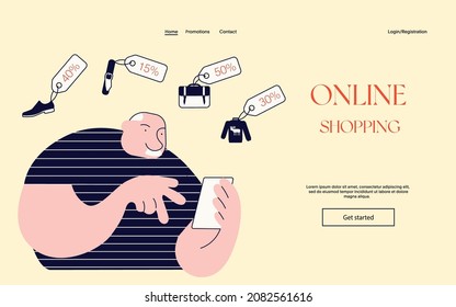 Web banner template with online shopping process. Scene of elderly man buying goods in internet store with smartphone. Flat Art Vector Illustration