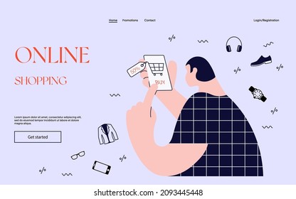 Plantilla de banner web con proceso de compra en línea. Escena de un joven comprando artículos en una tienda de internet con smartphone. Ilustración de vectores de arte plano