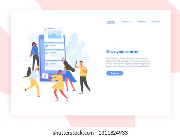 Web banner template with people and giant smartphone with posts on screen. Sharing content on social media, blogging and microblogging. Modern vector illustration in flat style for advertisement.