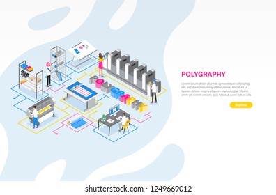 Web banner template with printshop or printing service center with people working with plotters, offset printers and other equipment. Modern colorful isometric vector illustration for advertisement.