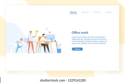 Web banner template with programmers or coders working together at office. Software development, programming or program coding. Colleagues at work. Modern flat vector illustration for website.