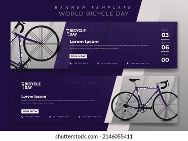 Plantilla de banner web en fondo geométrico púrpura para el diseño del día mundial de la bicicleta