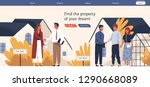 Web banner template with real estate agent or broker shaking hands with people buying or renting house. Colorful vector illustration in flat cartoon style for advertisement of property selling.