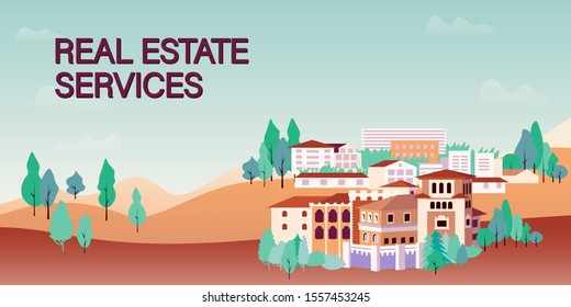 Web banner template for real estate agency or broker. Row of houses and trees, town view. vector illustration in flat  style for advertisement of property selling or renting. Web site template 