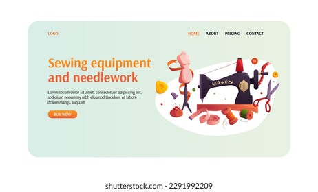 Web Banner Template Sewing Equipment and Needlework. Vector Illustration of Sewing Machine, Ribbons, Mannequin, Thimble, Thread.