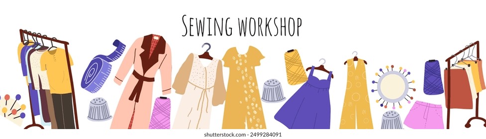 Web banner template with sewing workshop hand drawn illustration,  clothes on hangers.