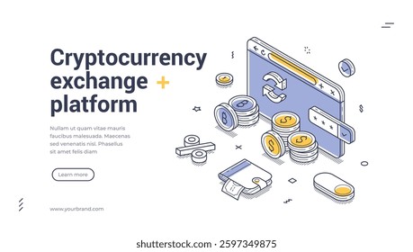 Web banner template showcases a cryptocurrency exchange platform with a clean isometric design. It features coins, a digital interface, and clear calls to action for users interested in trading.