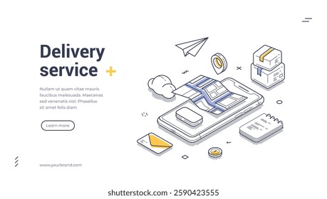 Web banner template showcases a delivery service concept with an isometric style. Mobile phone displays a map with delivery routes. Modern vector illustration