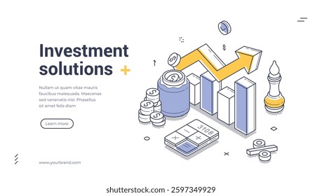 Web banner template showcases investment solutions through isometric illustrations. It features graphs, coins, and a calculator, promoting financial growth and strategic planning. Vector illustration
