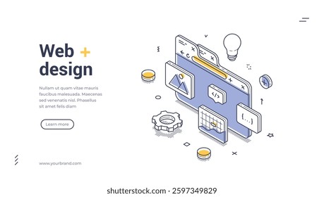 Web banner template showcases an isometric design focused on web development. Key elements like coding symbols, design tools, and light bulbs illustrate the creative process behind web design.
