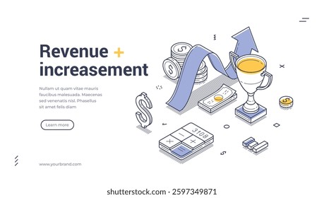 Web banner template showcases an isometric design that highlights revenue increasement, featuring a trophy, cash, and a calculator. Ideal for businesses looking to enhance their online presence.