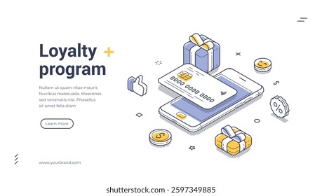 Web banner template showcases an isometric design for a loyalty program. Featuring a mobile phone, gift boxes, and coins, the illustration highlights user-friendly rewards and engagement.