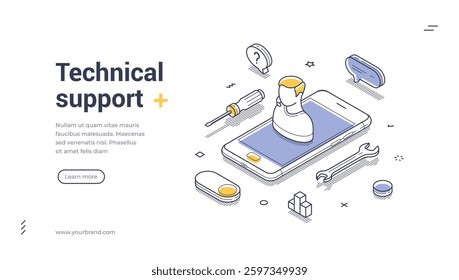 Web banner template showcases an isometric illustration focused on technical support. Featured are various tools surrounding a smartphone, emphasizing assistance with technology.