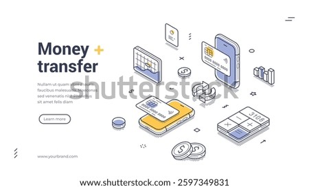 Web banner template showcases an isometric design focused on money transfer services. It features credit cards, a smartphone, and financial charts, emphasizing digital payments and transactions.