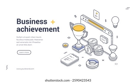 Web banner template showcases a vibrant isometric design with a trophy, coins, and a light bulb, representing business success and achievement for effective online marketing