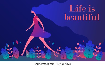 Web banner template for spa, wellness, beauty, natural product and health care. Beautiful young woman or girl with long wavy hair going on the flowers. Vector concept art illustration.