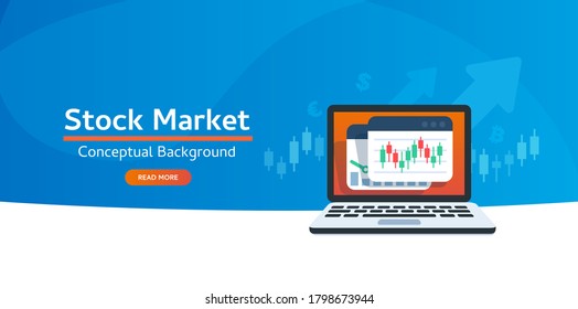 Web banner template for stock exchange market concepts. Stocks market graph chart on laptop screen.Technical analysis candlestick chart. Forex trading concept. Trading strategy. Vector illustration.