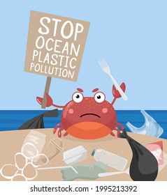 Web Banner Template Stop Ocean Plastic Pollution! Vector flat design. A crab with a sign and a plastic fork in its claws. there is a lot of plastic waste around