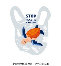 Web banner template Stop plastic pollution! Vector flat design for World Environment Day. A sea turtle swims in in a plastic bag with garbage - plastic, glass, straw, bottle, canister. Harm to nature.