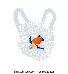Web banner template Stop plastic pollution! Vector flat design for World Environment Day. A sea turtle swims in a plastic bag. Harm to nature. Illustration, Hand written lettering