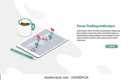 Web Banner Template With Tablet PC And Foreign Exchange Market Rate Graph Or Forex Trading Indicators On Screen, Pen, Cup Of Coffee. Isometric Vector Illustration For Advertisement Of App For Traders.