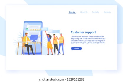 Web banner template with technical online consultant or manager wearing headphones sitting at computer, five star rating and group of clients. Customer support. Flat colorful vector illustration.