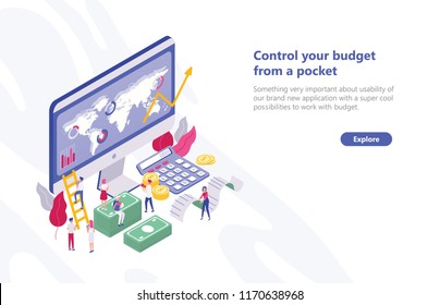 Web banner template with tiny people walking near computer with app for budget planning, sitting on money bills, carrying receipt. Concept of financial administration. Isometric vector illustration.