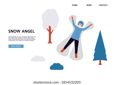 Plantilla de banner web para vacaciones de invierno y entretenimientos al aire libre de nieve con caricatura de mujer alegre haciendo ángel de nieve, ilustración vectorial plana.